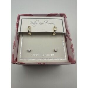Ruby and Emma Sterling Silver Gold Tone CZ Stud and Huggie Hoop Earring Set NEW